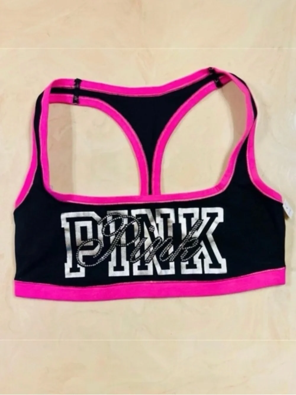 PINK VICTORIA’S SECRET Cotton Dorm Racerback Black Pink Bling VIRAL Bralette XL - Picture 5 of 12